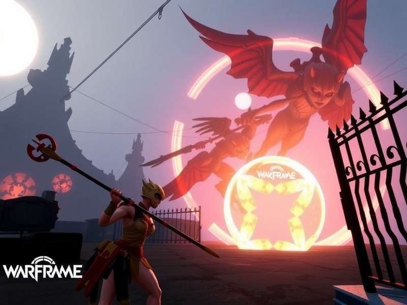 A squad of four Warframes (Excalibur, Volt, Trinity, Rhino) fighting Sentients in a chaotic battlefield