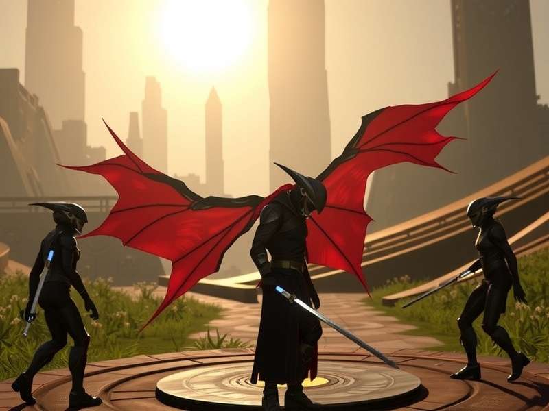 Dynamic Warframe combat scene with Excalibur in motion