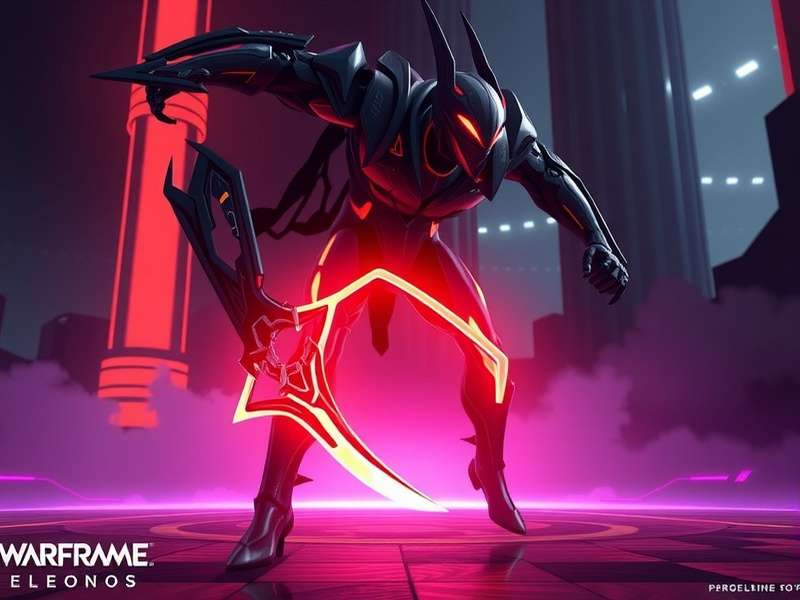 Tenno operator in focus with Warframe arsenal blurred in the background