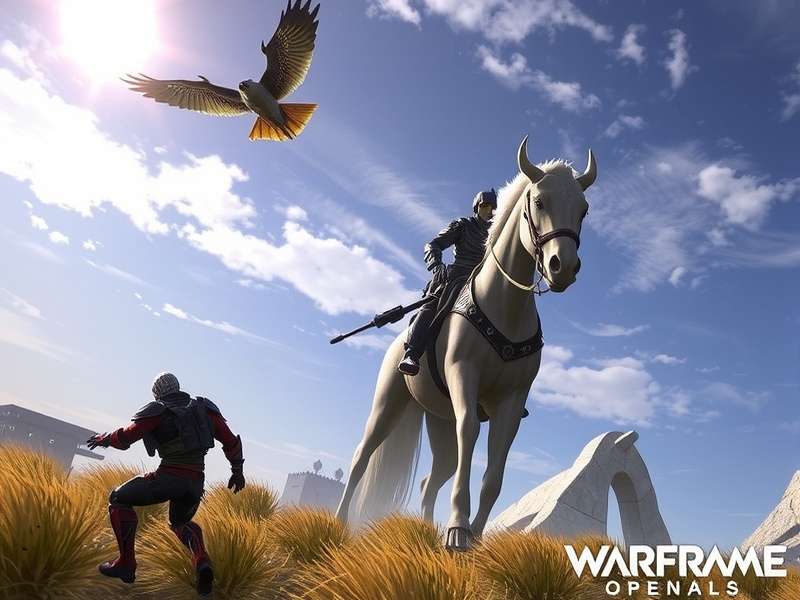 Concept art of a serene, ornate Warframe meditating amidst combat chaos