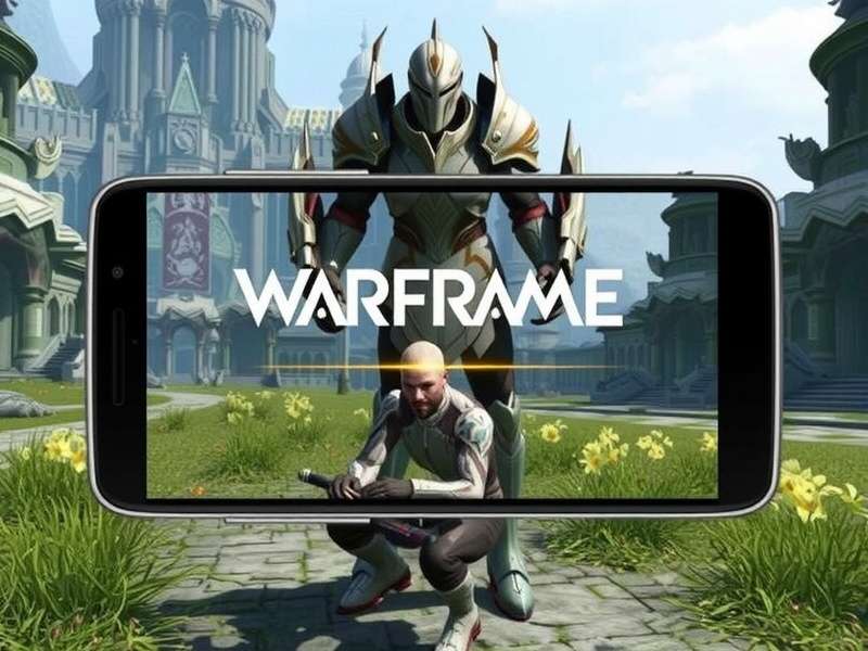 Warframe mobile gameplay showing a Tenno character in action on a smartphone screen with immersive UI elements