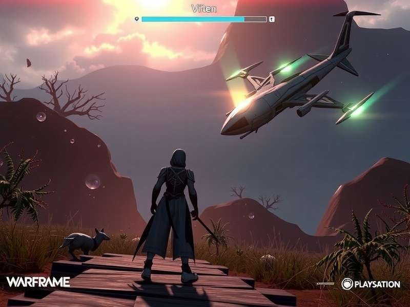 Warframe PS5 gameplay showing Excalibur with next-gen lighting and particle effects