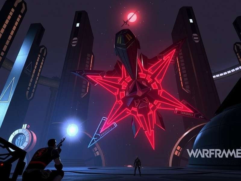 Warframe Tenno standing in the Orbiter with the Origin System star map glowing in the background